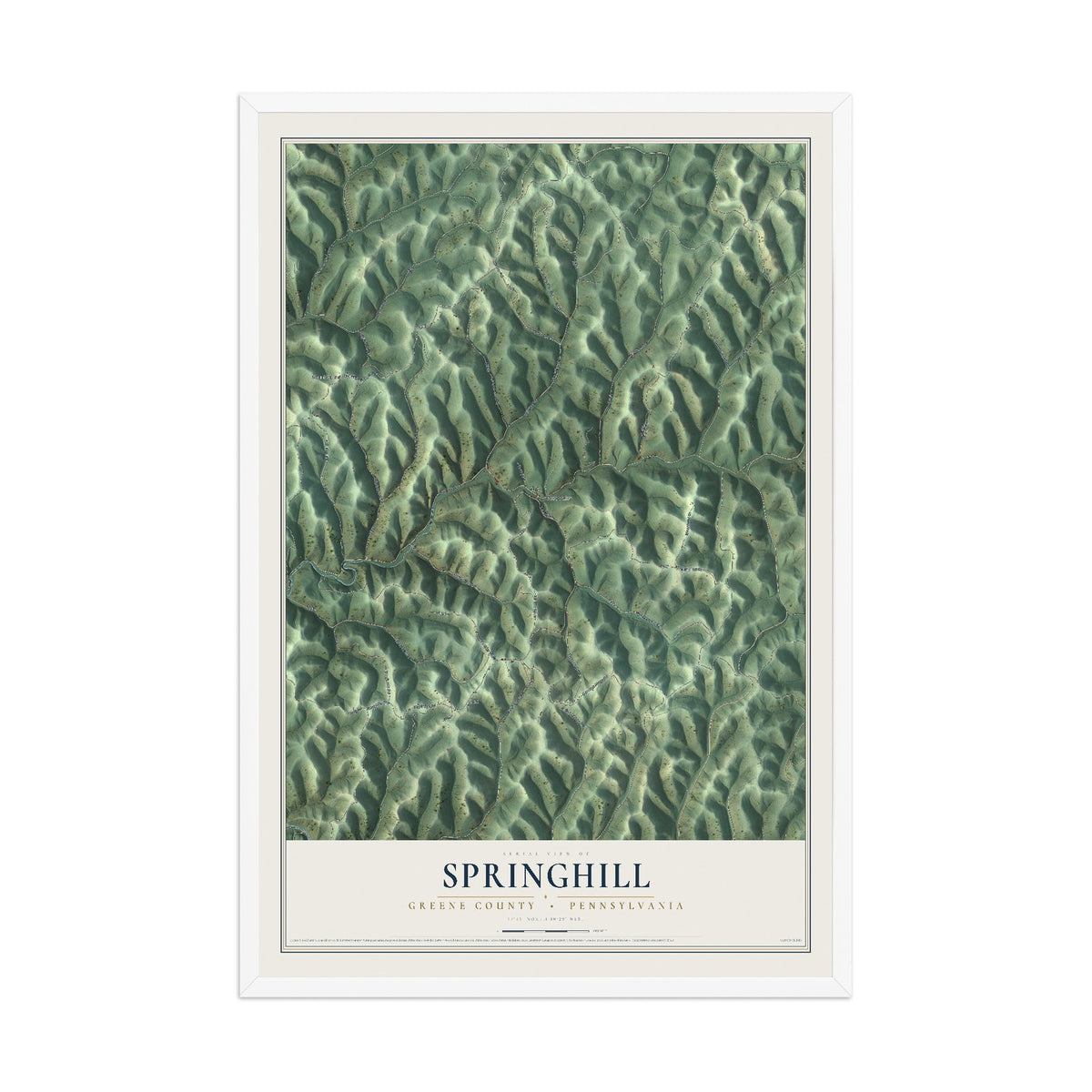 Map of Springhill, Greene County, Pennsylvania, 12 x 18 inch print in a white wood frame