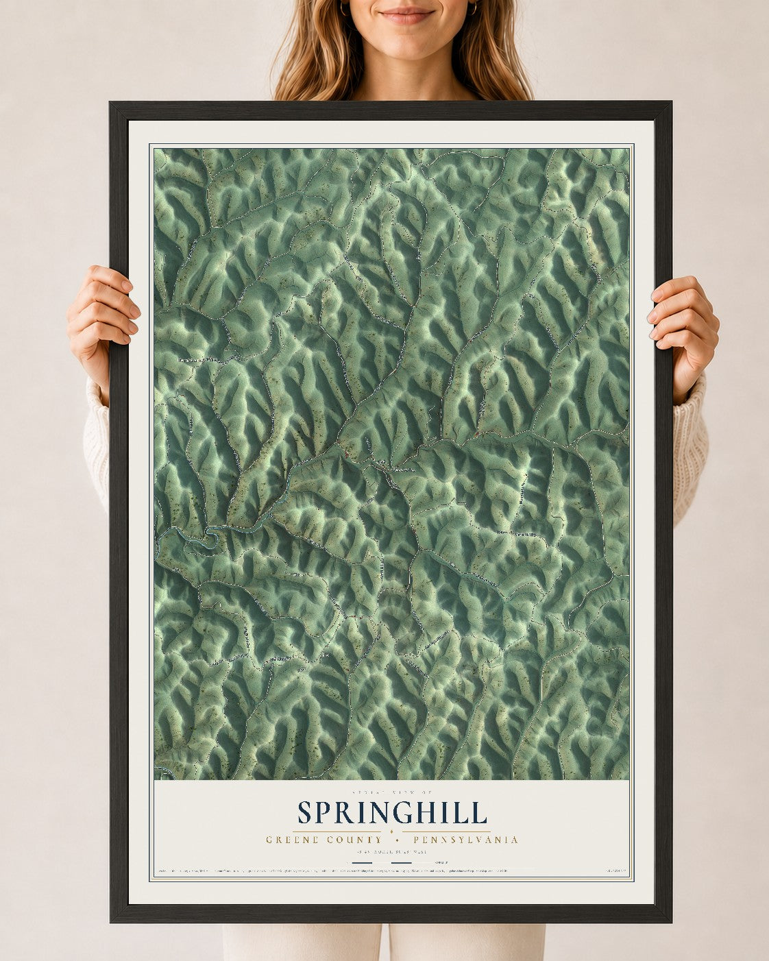 Map of Springhill, Greene County, Pennsylvania, 24 x 36 inch print in a black wood frame