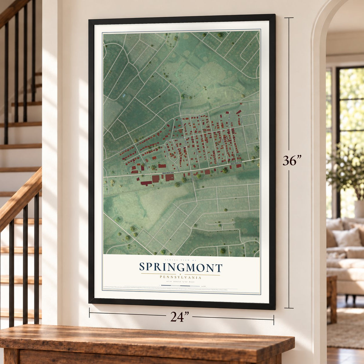 Springmont, Pennsylvania map, 24 x 36 inch print in a black frame by a staircase