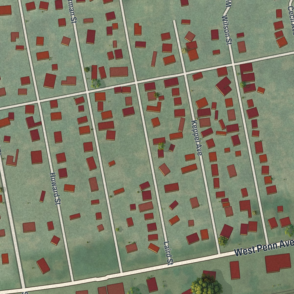 Close-up of the map of Springmont, Pennsylvania print showing street and building detail