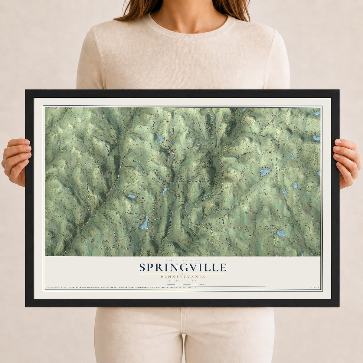 Map of Springville, Pennsylvania, 12 x 18 inch print in a black wood frame