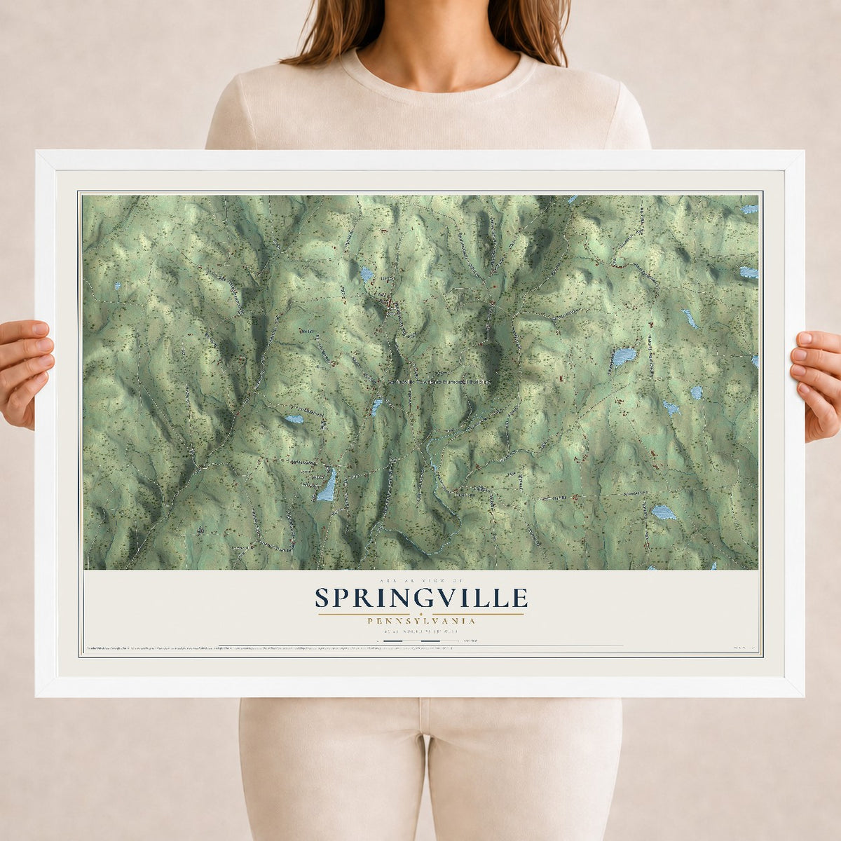 Map of Springville, Pennsylvania, 18 x 24 inch print in a white wood frame