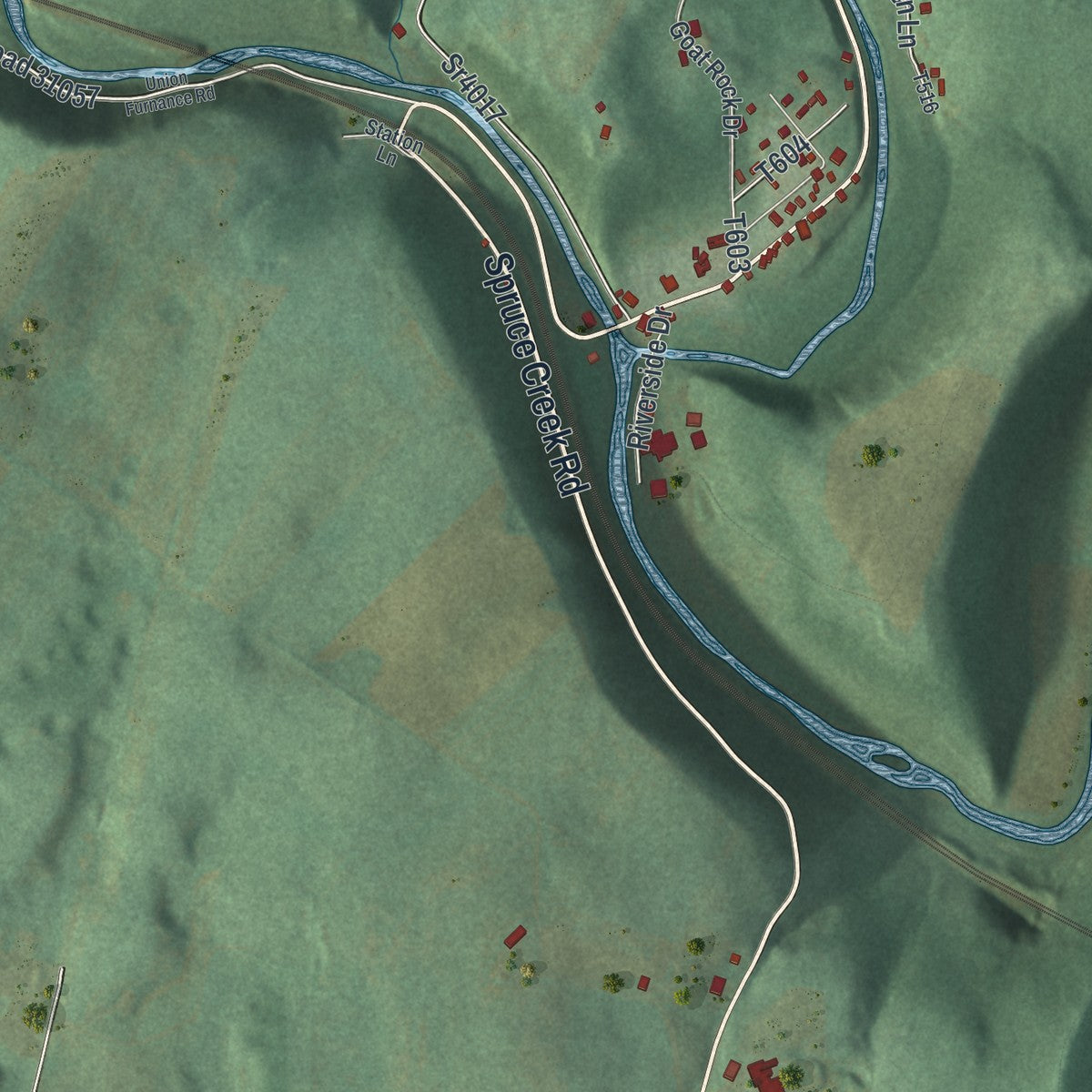 Second close-up of the map of Spruce Creek, Pennsylvania print showing more streets and buildings