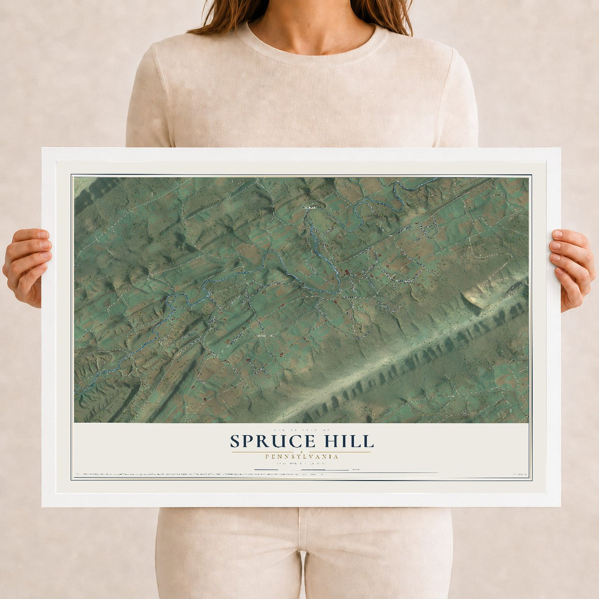 Map of Spruce Hill, Pennsylvania, 12 x 18 inch print in a white wood frame