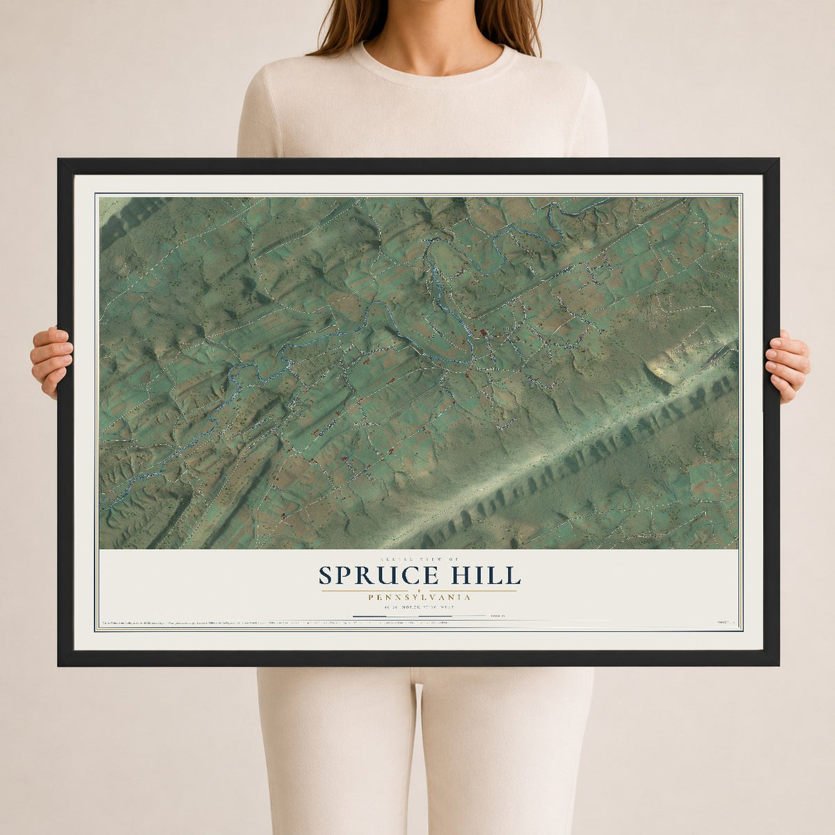Map of Spruce Hill, Pennsylvania, 24 x 36 inch print in a black wood frame