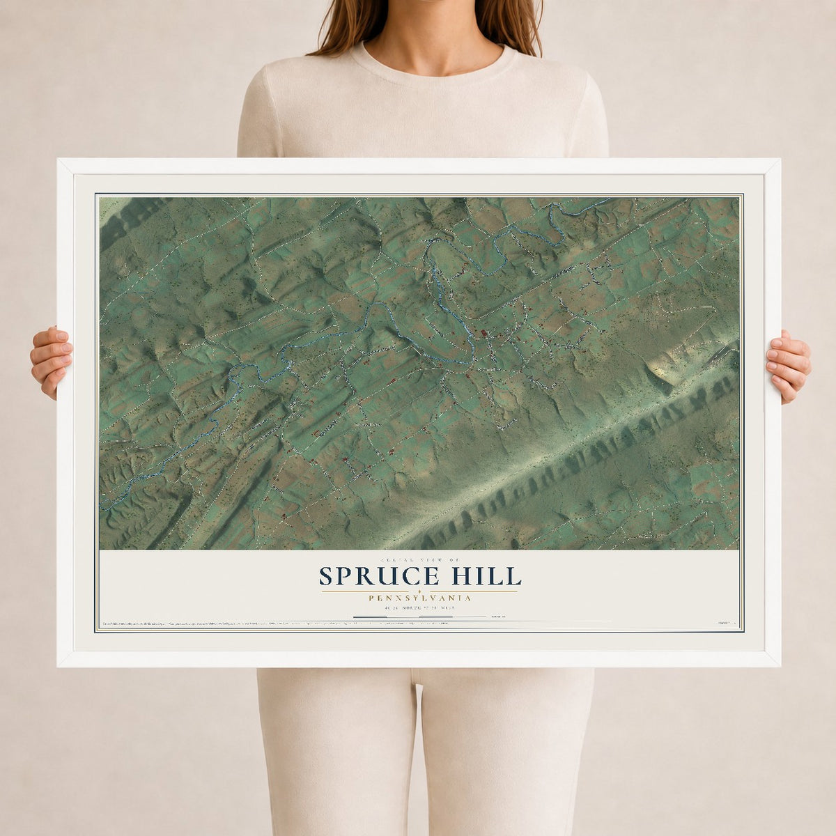 Map of Spruce Hill, Pennsylvania, 24 x 36 inch print in a white wood frame