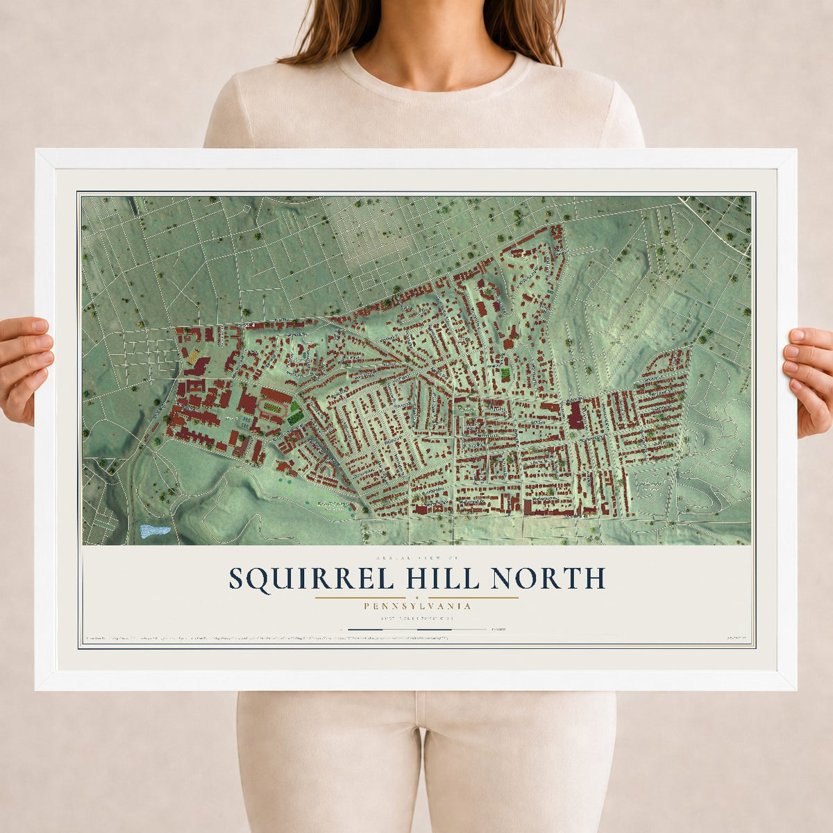 Map of Squirrel Hill North, Pennsylvania, 18 x 24 inch print in a white wood frame