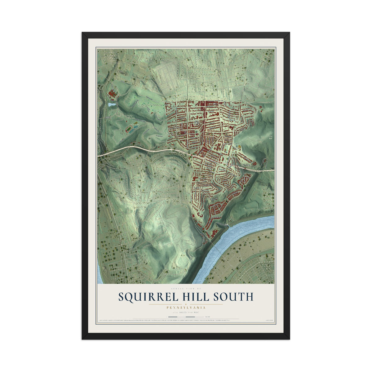 Map of Squirrel Hill South, Pennsylvania, 12 x 18 inch print in a black wood frame