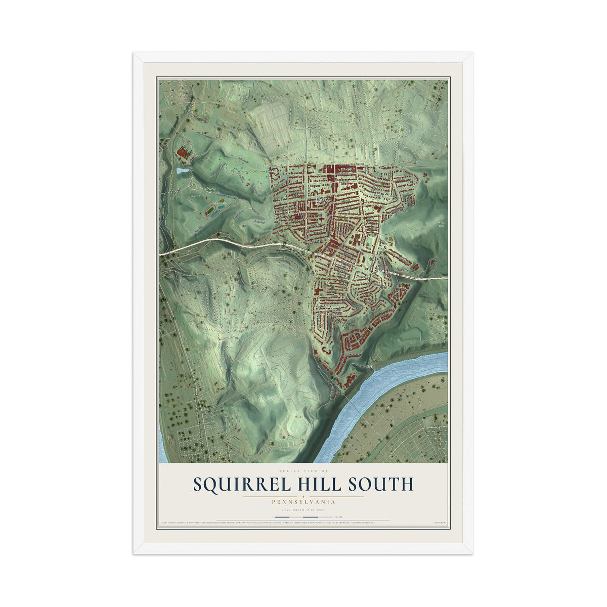 Map of Squirrel Hill South, Pennsylvania, 12 x 18 inch print in a white wood frame