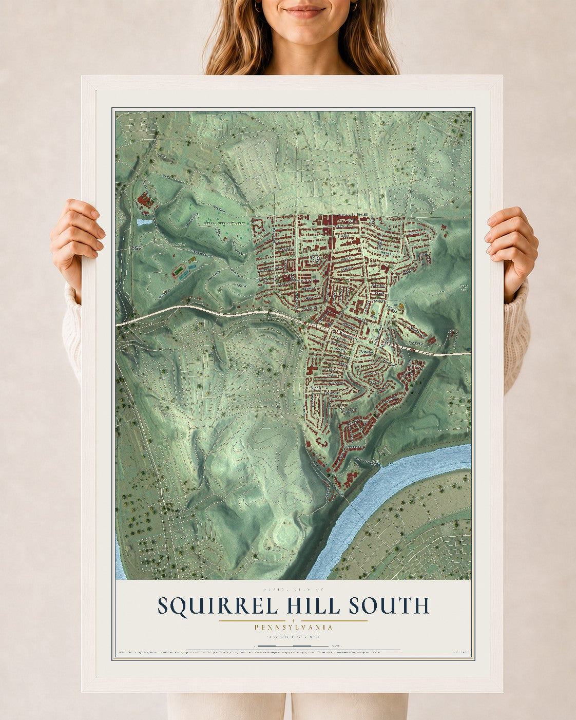 Map of Squirrel Hill South, Pennsylvania, 24 x 36 inch print in a white wood frame