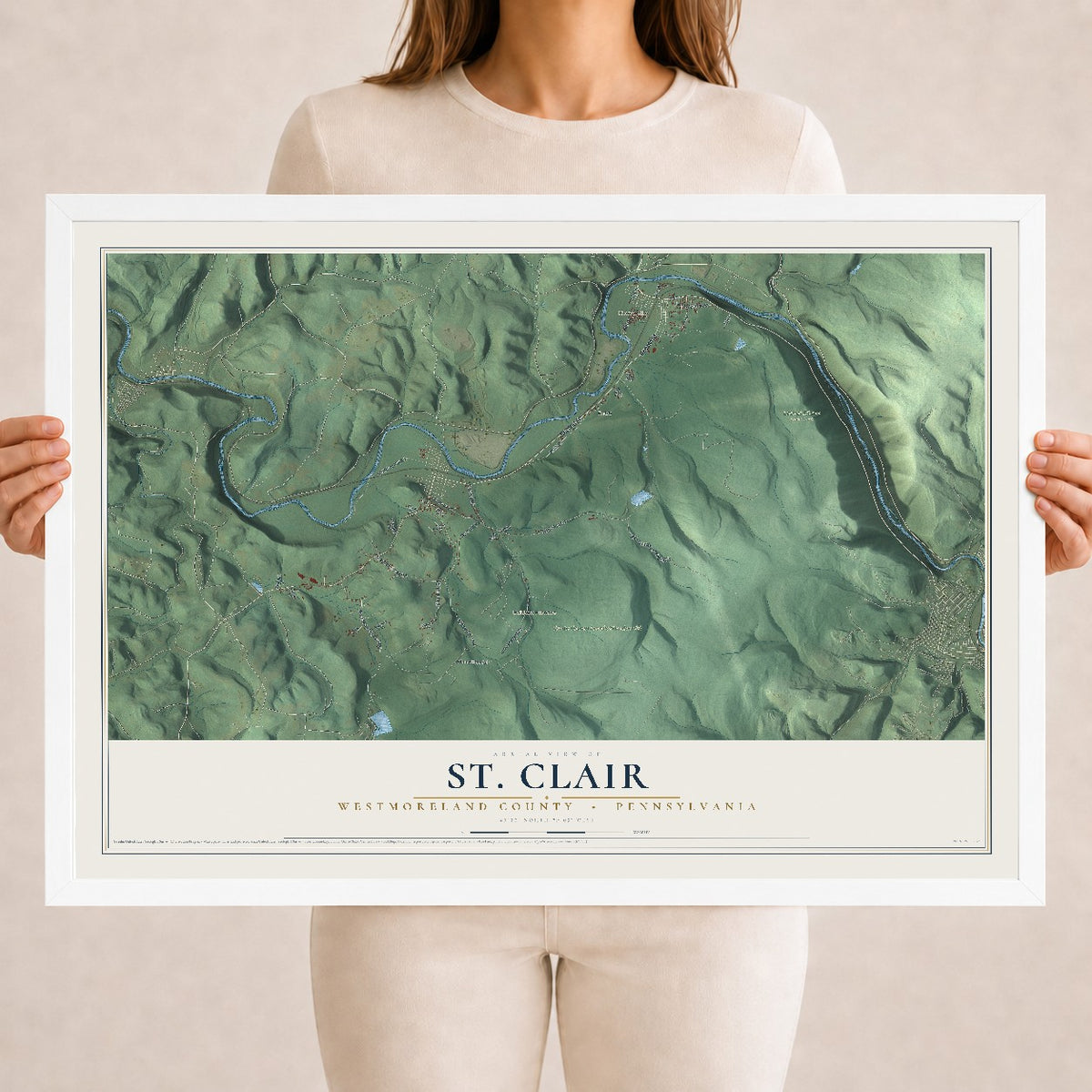 Map of St. Clair, Westmoreland County, Pennsylvania, 18 x 24 inch print in a white wood frame