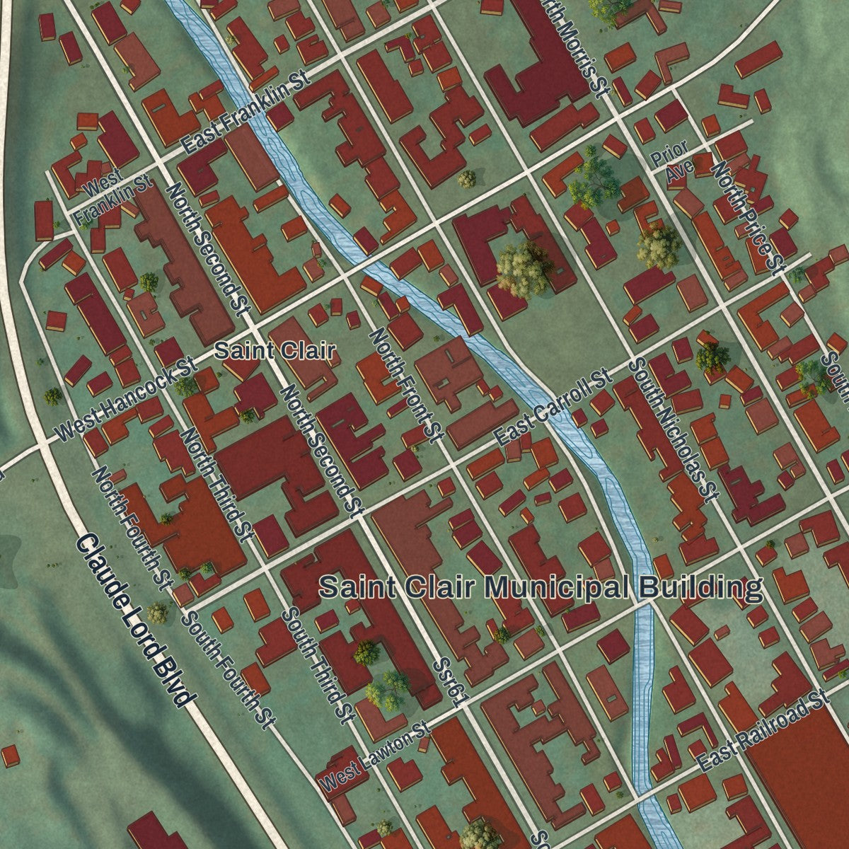 Close-up of the map of the Borough of St. Clair, Schuylkill County, Pennsylvania print showing street and building detail