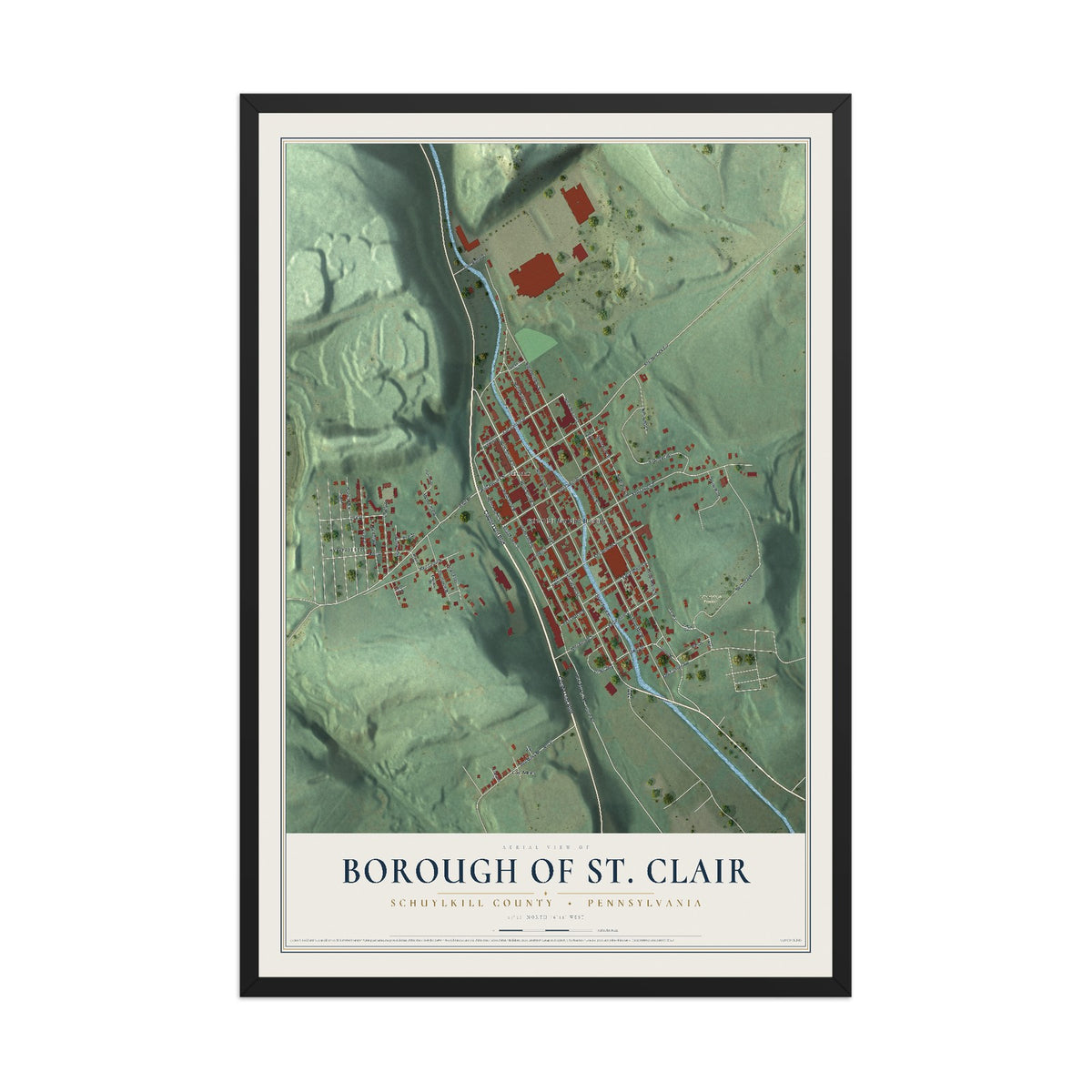 Map of the Borough of St. Clair, Schuylkill County, Pennsylvania, 12 x 18 inch print in a black wood frame