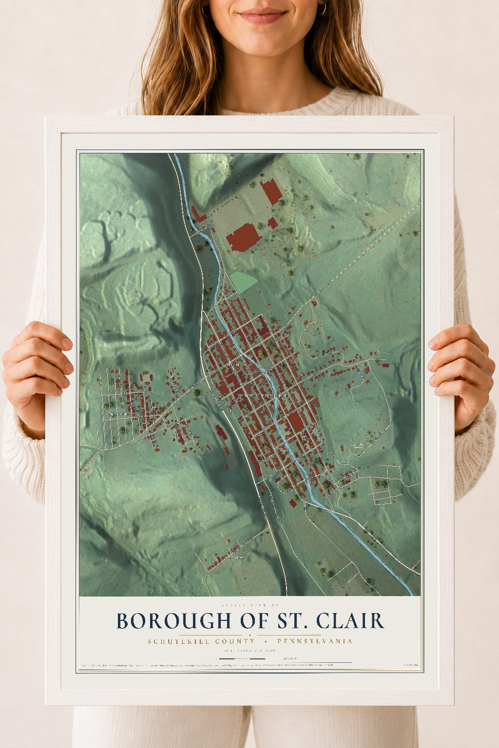 Map of the Borough of St. Clair, Schuylkill County, Pennsylvania, 18 x 24 inch print in a white wood frame