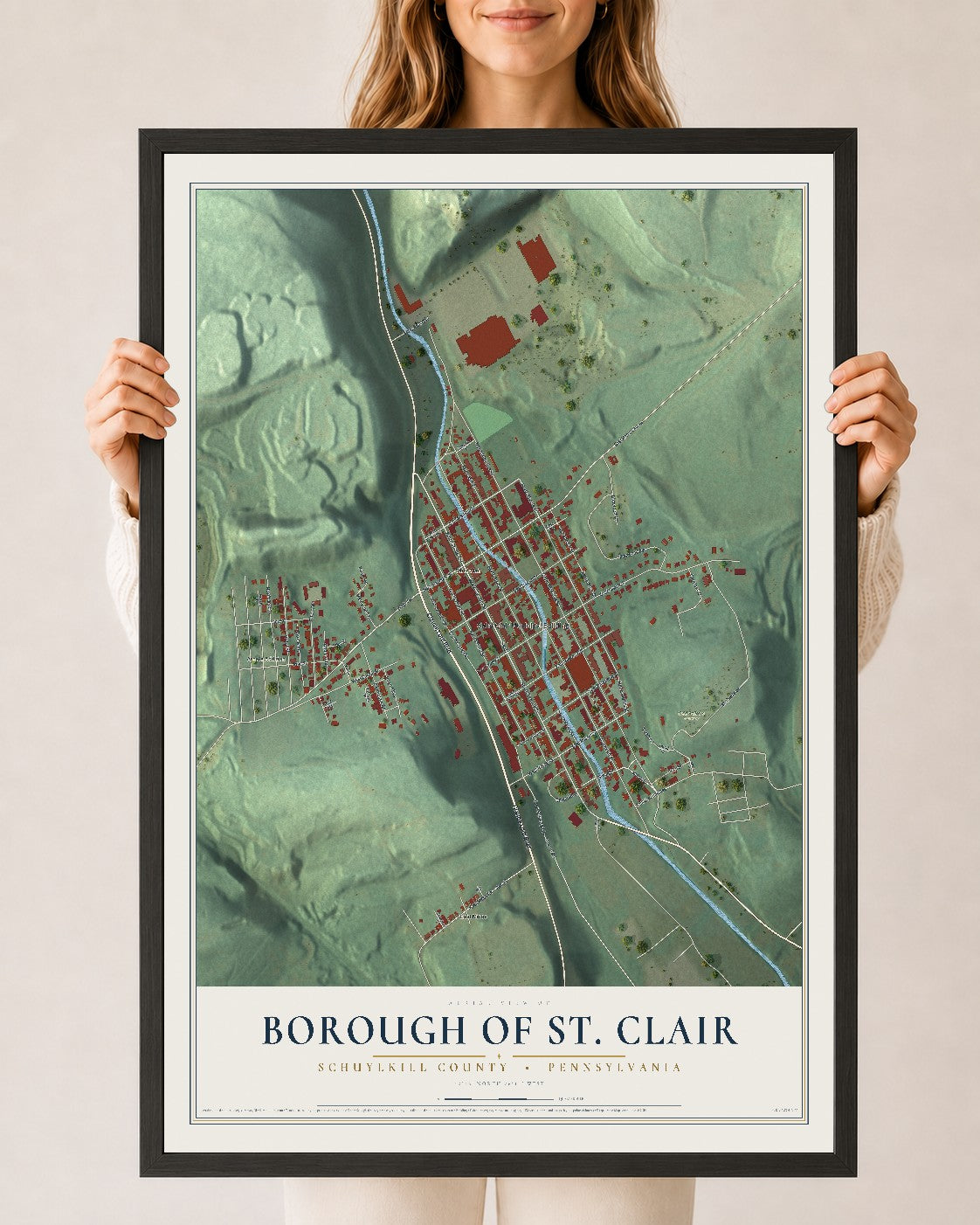 Map of the Borough of St. Clair, Schuylkill County, Pennsylvania, 24 x 36 inch print in a black wood frame