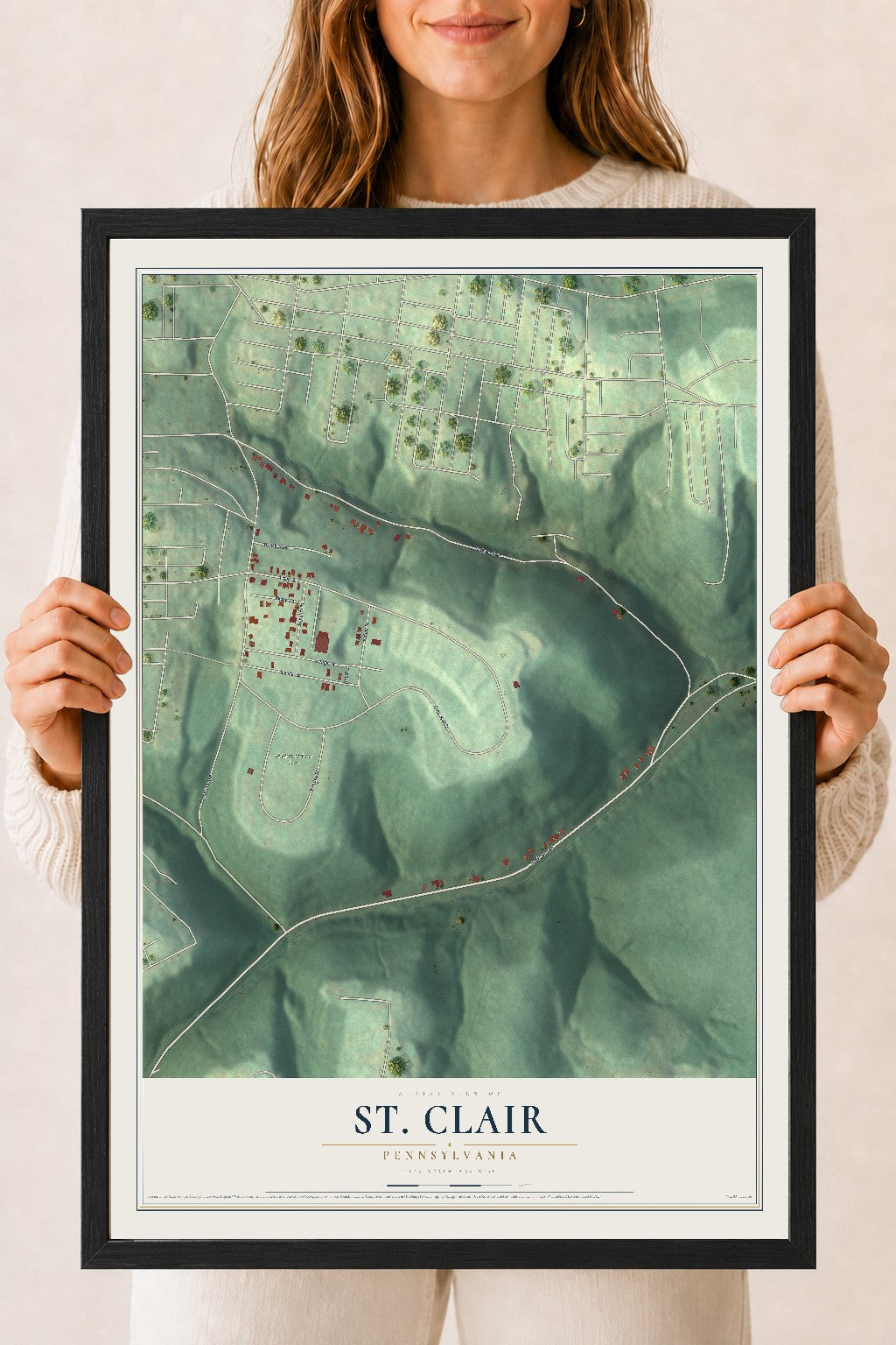Map of St. Clair, Pennsylvania, 18 x 24 inch print in a black wood frame
