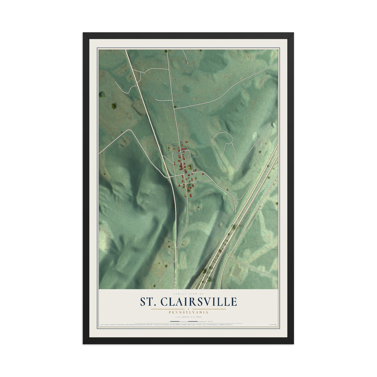 Map of St. Clairsville, Pennsylvania, 12 x 18 inch print in a black wood frame