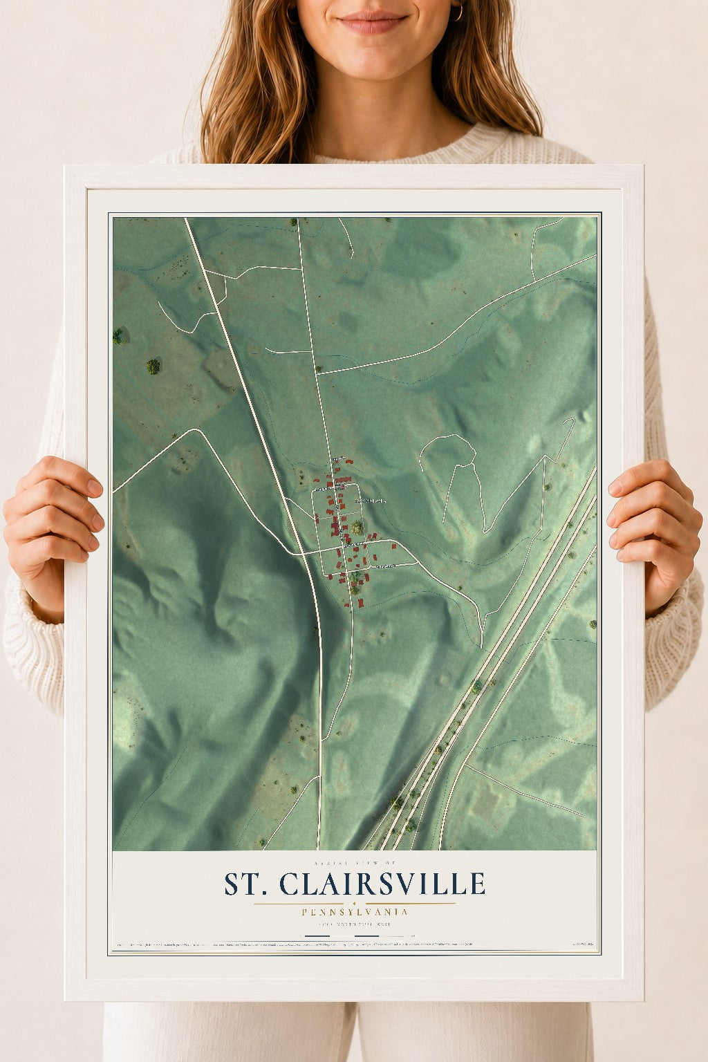 Map of St. Clairsville, Pennsylvania, 18 x 24 inch print in a white wood frame