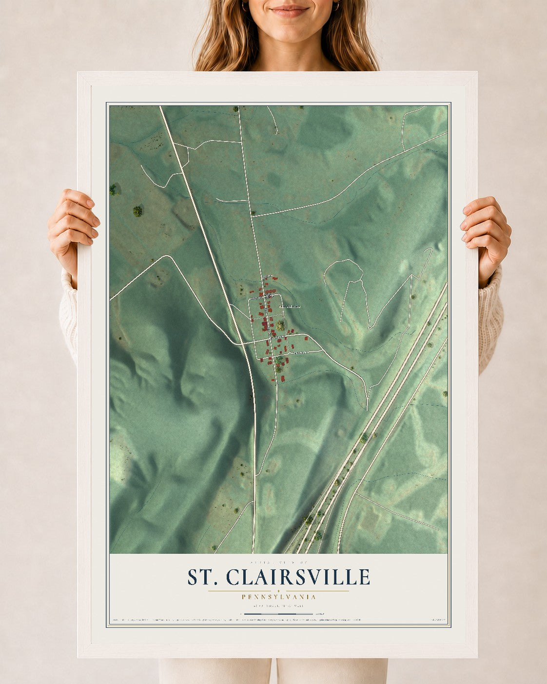 Map of St. Clairsville, Pennsylvania, 24 x 36 inch print in a white wood frame