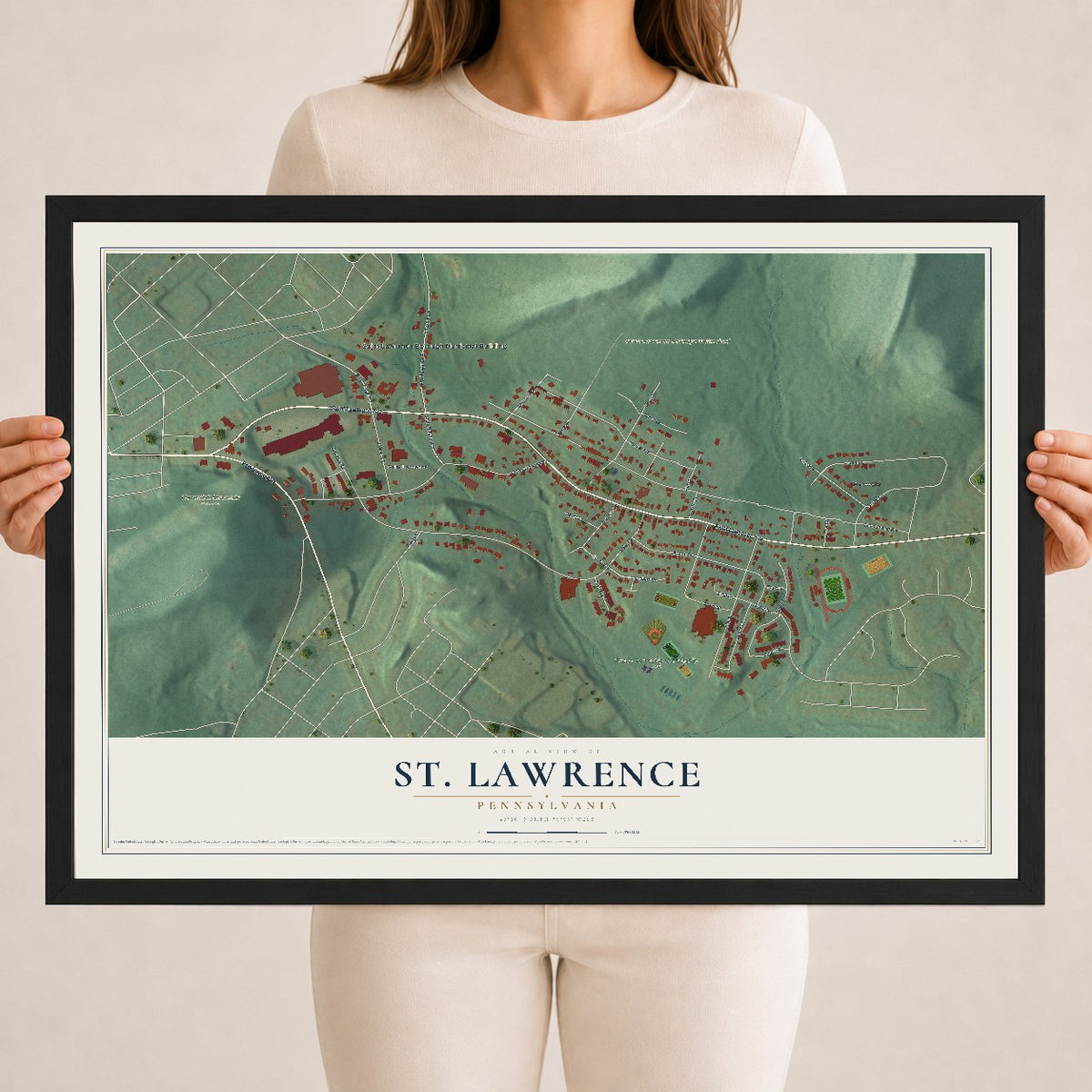 Map of St. Lawrence, Pennsylvania, 18 x 24 inch print in a black wood frame