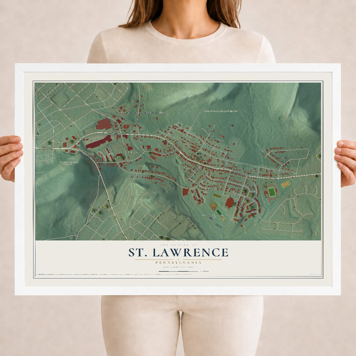 Map of St. Lawrence, Pennsylvania, 18 x 24 inch print in a white wood frame