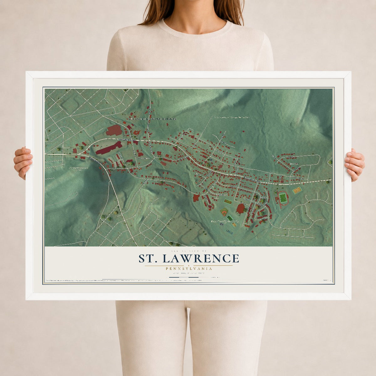 Map of St. Lawrence, Pennsylvania, 24 x 36 inch print in a white wood frame