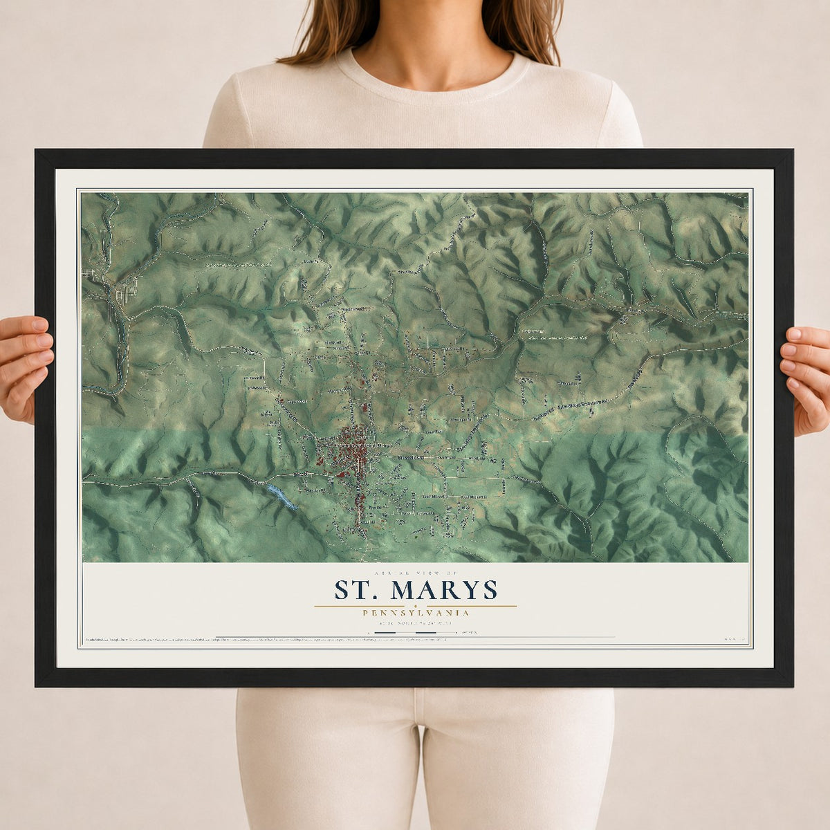 Map of St. Marys, Pennsylvania, 18 x 24 inch print in a black wood frame