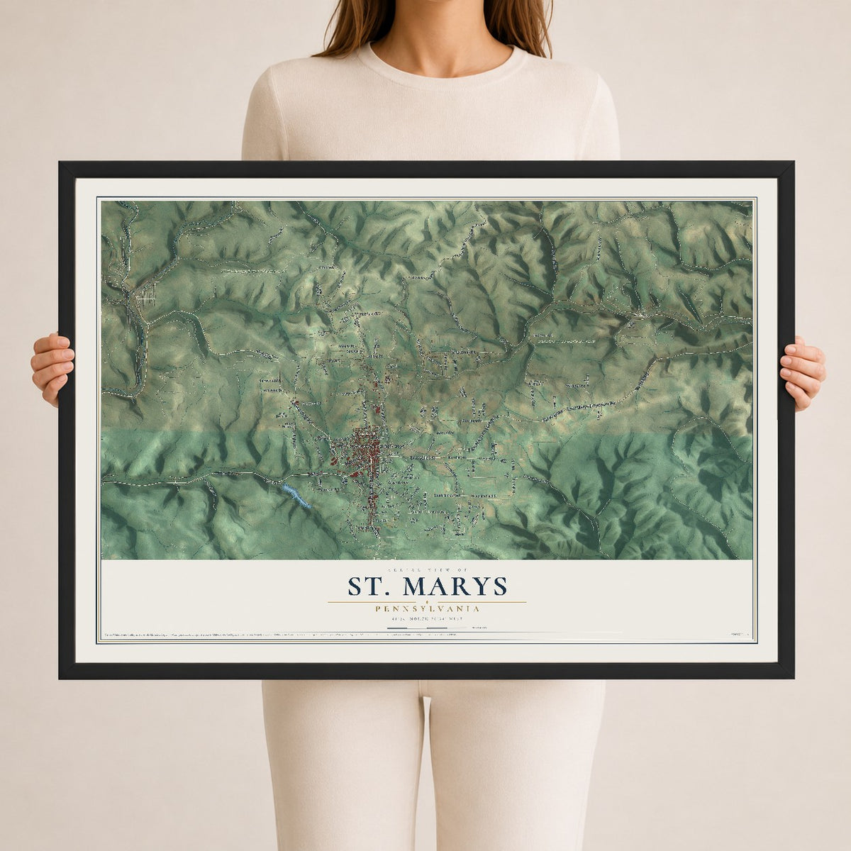 Map of St. Marys, Pennsylvania, 24 x 36 inch print in a black wood frame