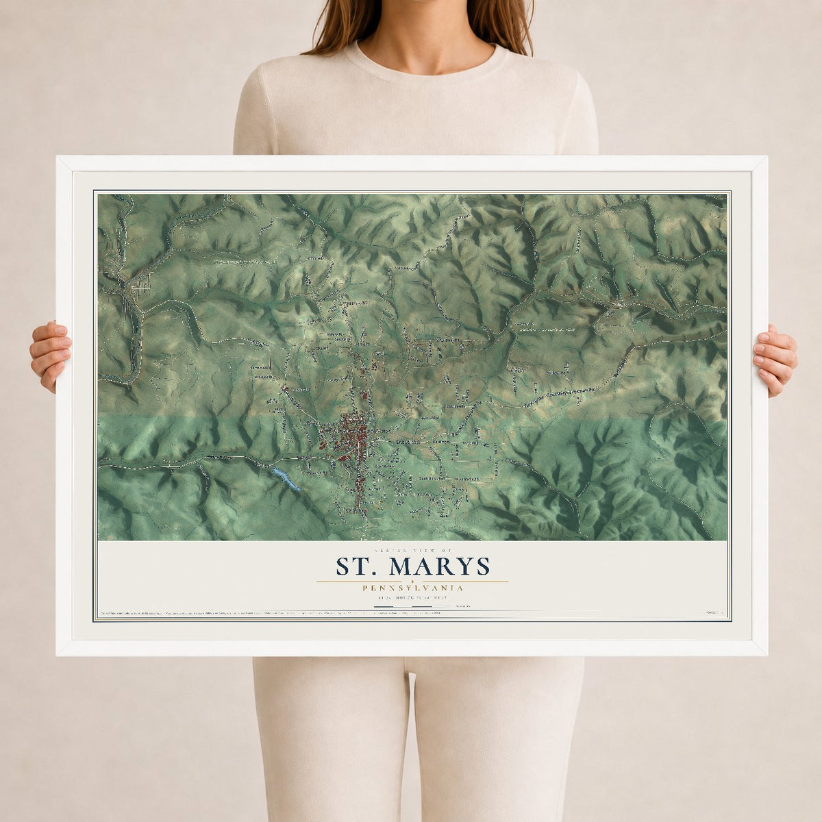 Map of St. Marys, Pennsylvania, 24 x 36 inch print in a white wood frame
