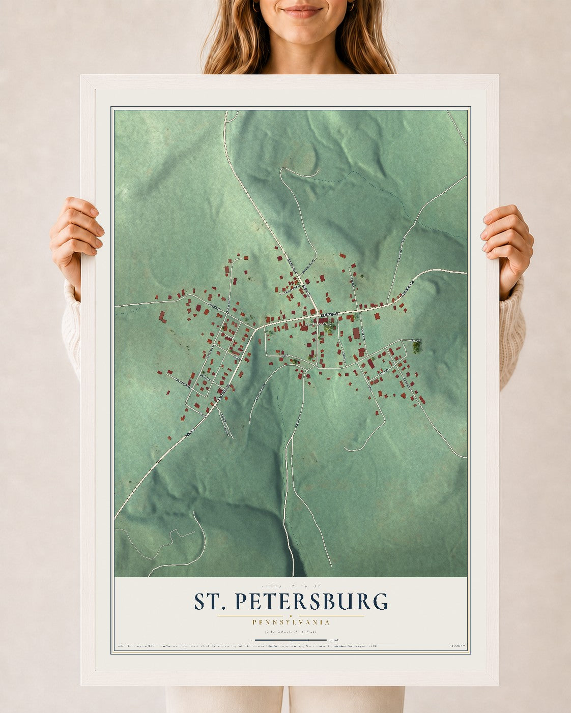 Map of St. Petersburg, Pennsylvania, 24 x 36 inch print in a white wood frame