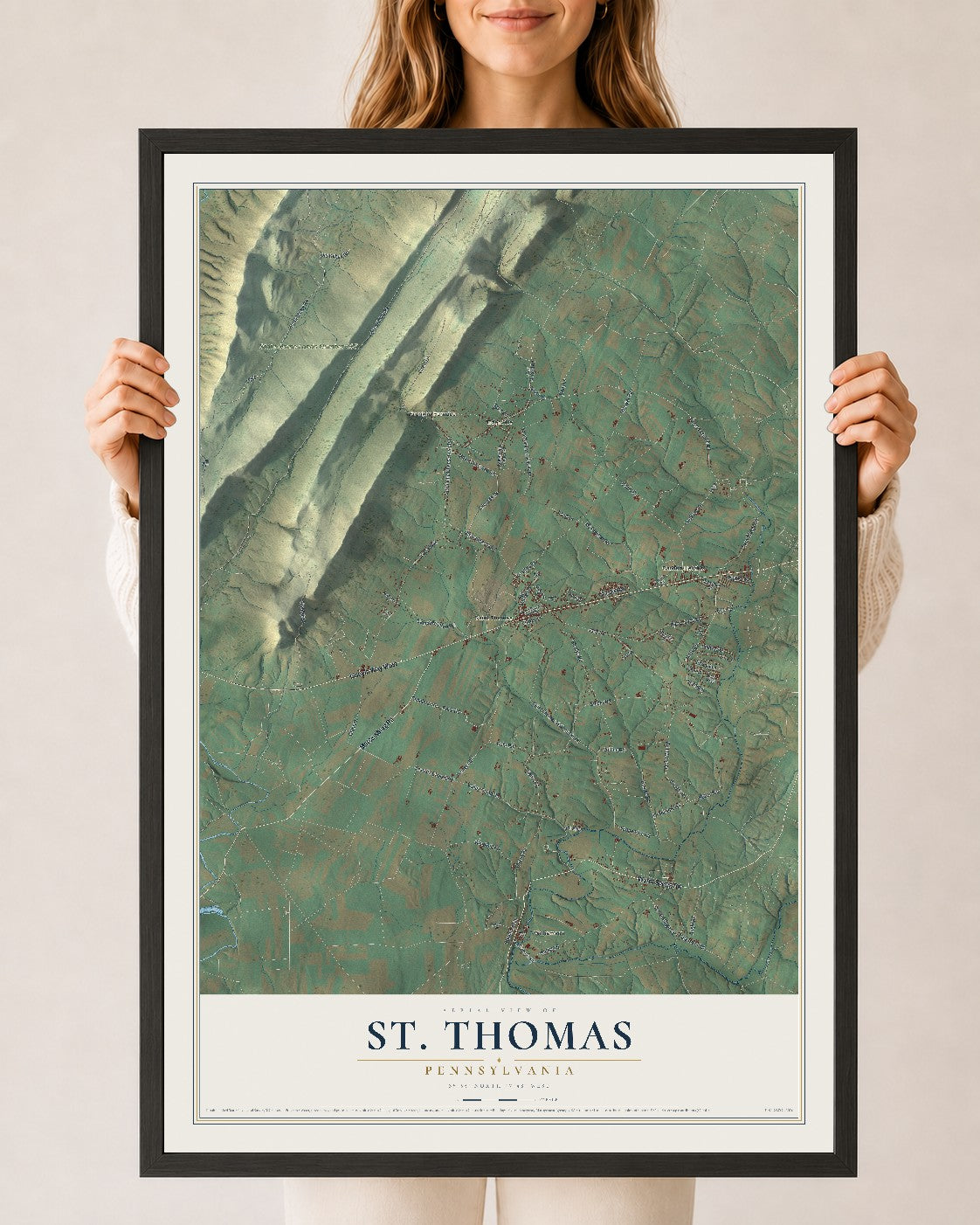 Map of St. Thomas, Pennsylvania, 24 x 36 inch print in a black wood frame