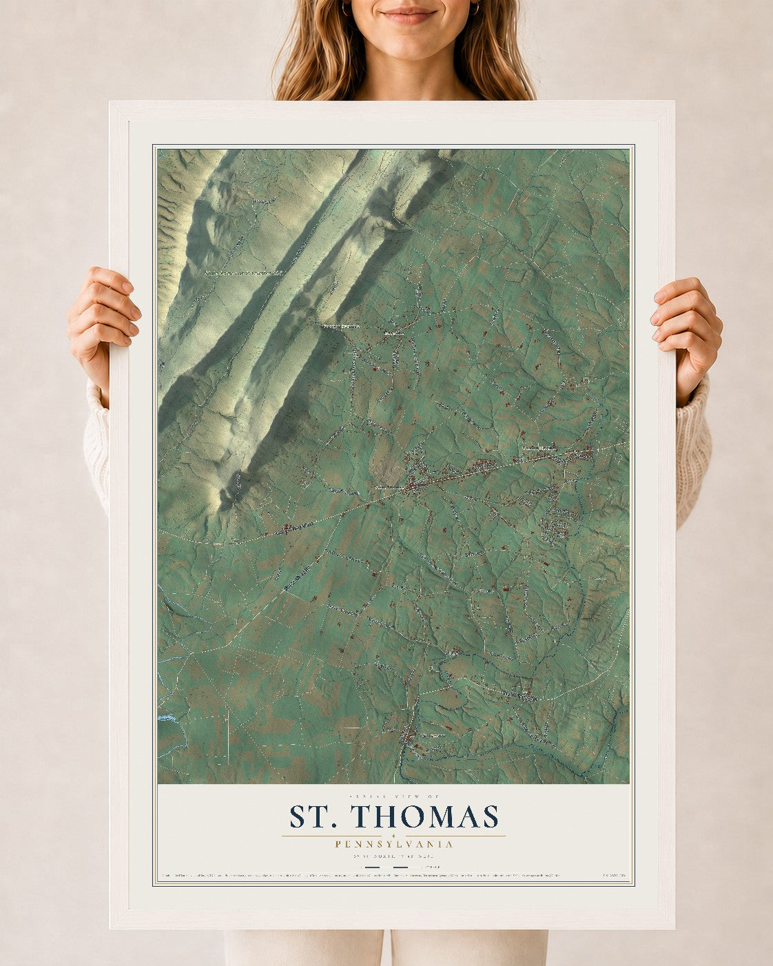Map of St. Thomas, Pennsylvania, 24 x 36 inch print in a white wood frame