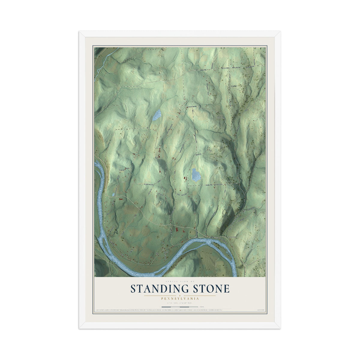 Map of Standing Stone, Pennsylvania, 12 x 18 inch print in a white wood frame