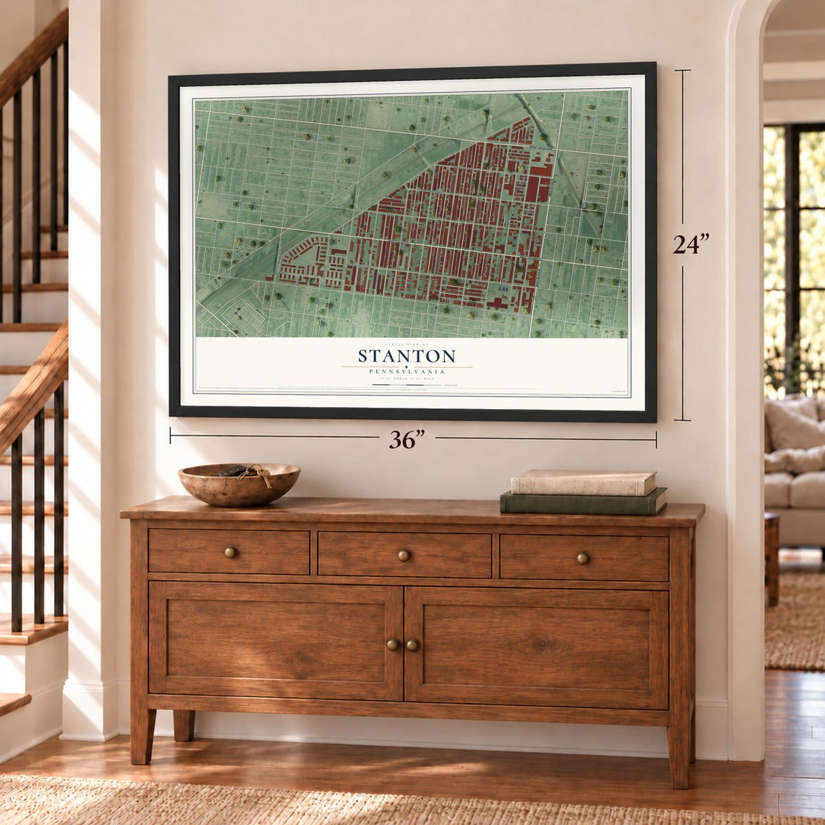 Stanton, Pennsylvania map, 24 x 36 inch print in a black frame above a dresser by a staircase