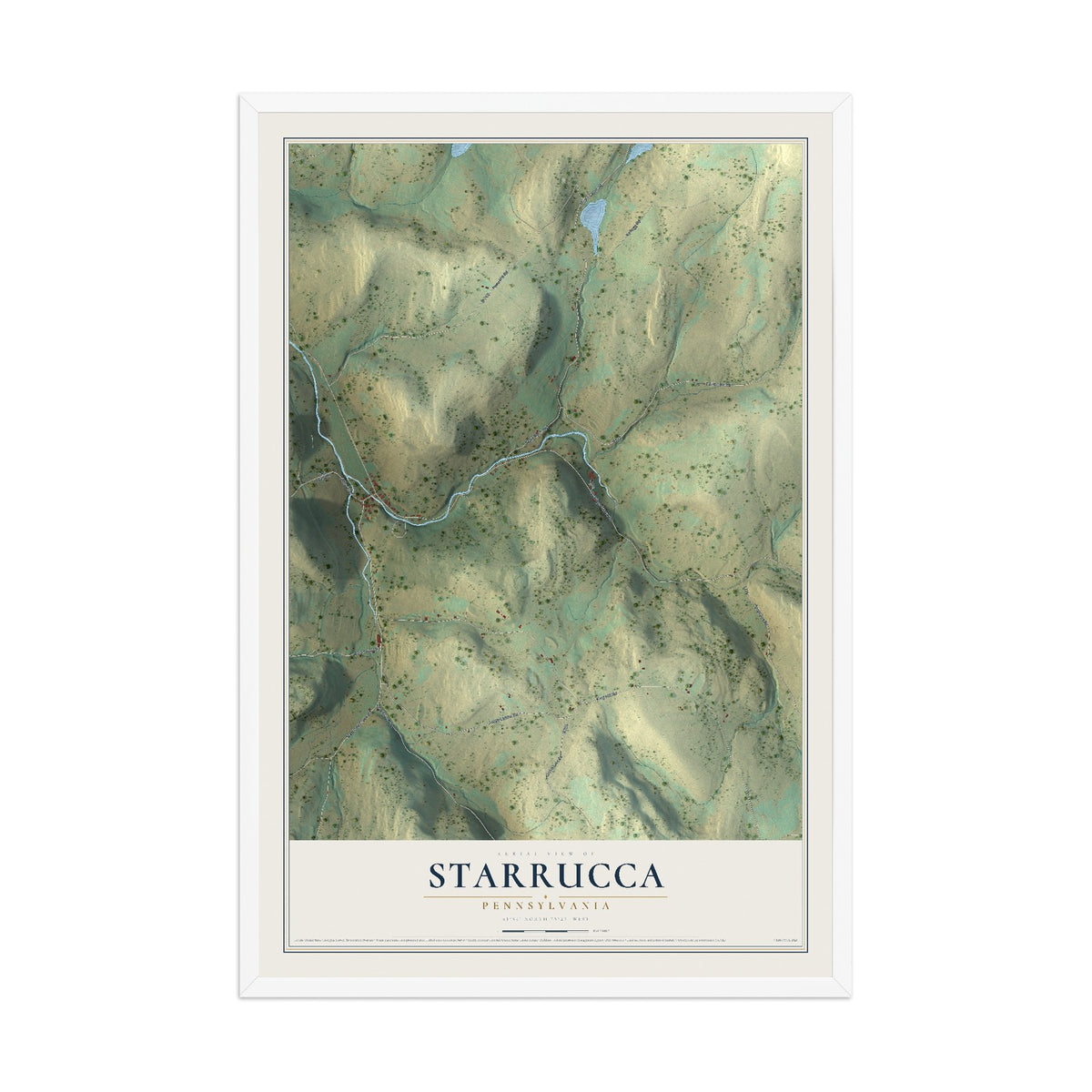 Map of Starrucca, Pennsylvania, 12 x 18 inch print in a white wood frame