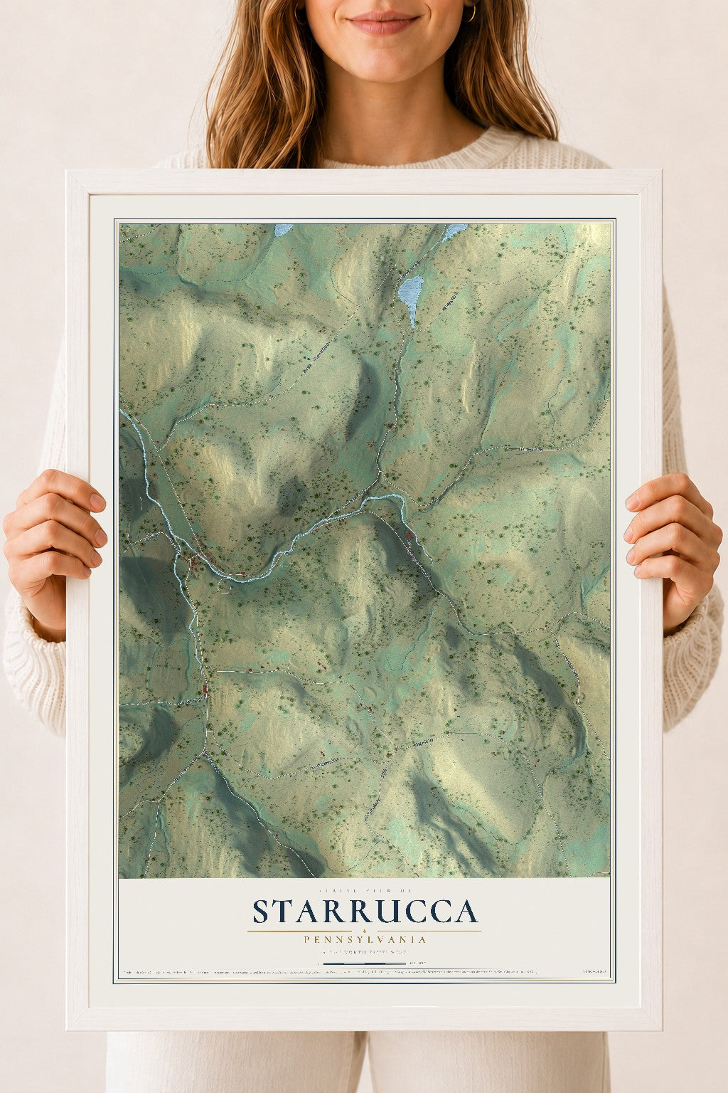 Map of Starrucca, Pennsylvania, 18 x 24 inch print in a white wood frame
