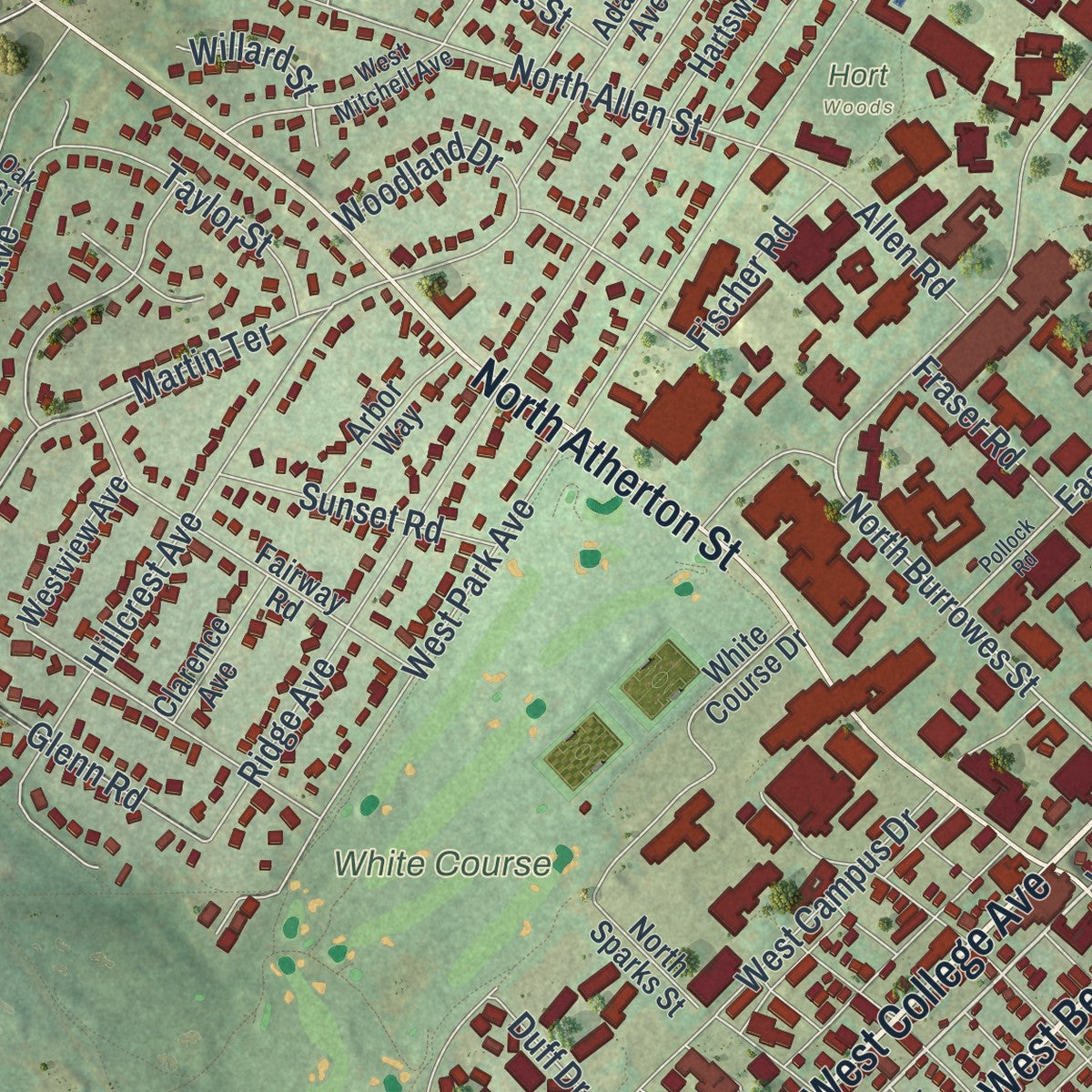 Close-up of the map of State College, Pennsylvania print showing street and building detail