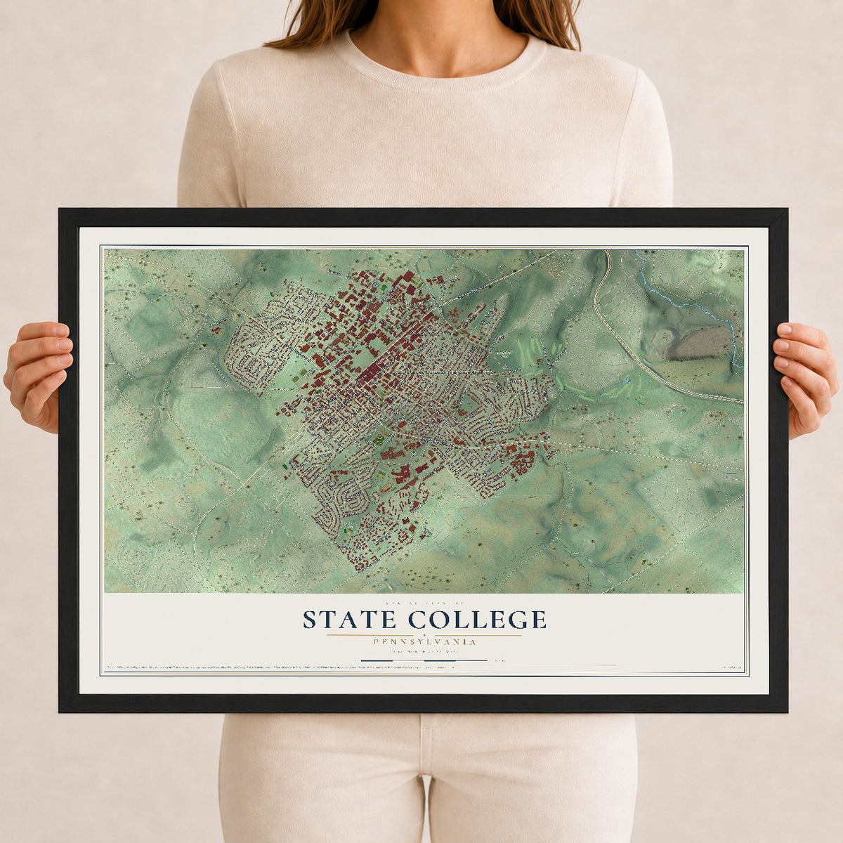 Map of State College, Pennsylvania, 12 x 18 inch print in a black wood frame