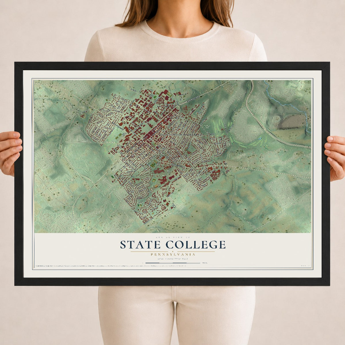 Map of State College, Pennsylvania, 18 x 24 inch print in a black wood frame