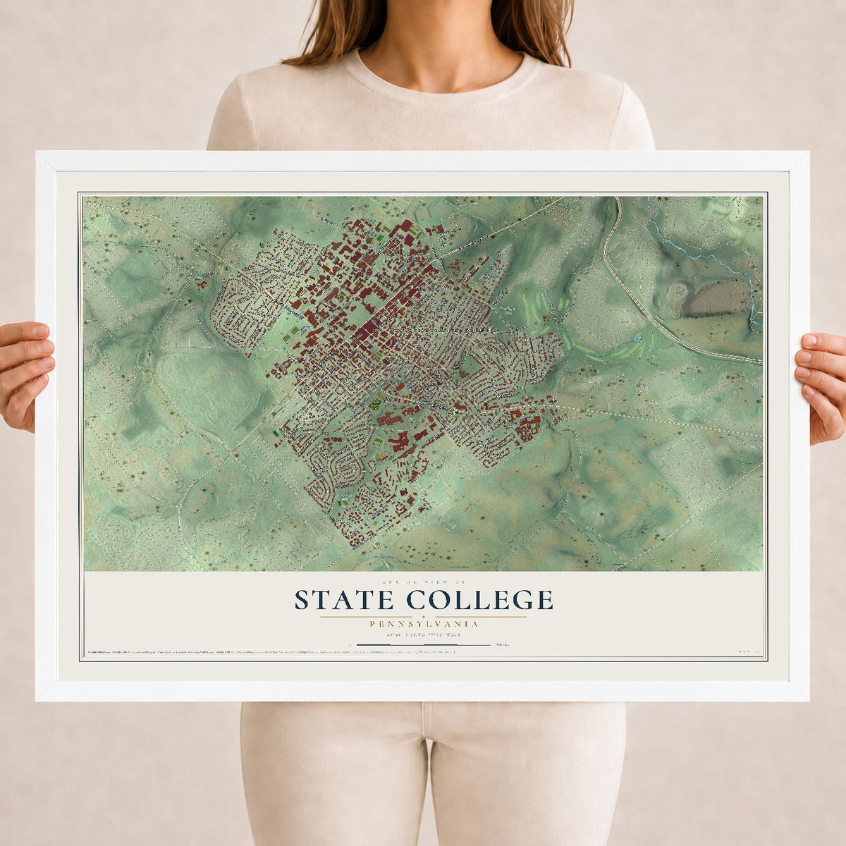 Map of State College, Pennsylvania, 18 x 24 inch print in a white wood frame