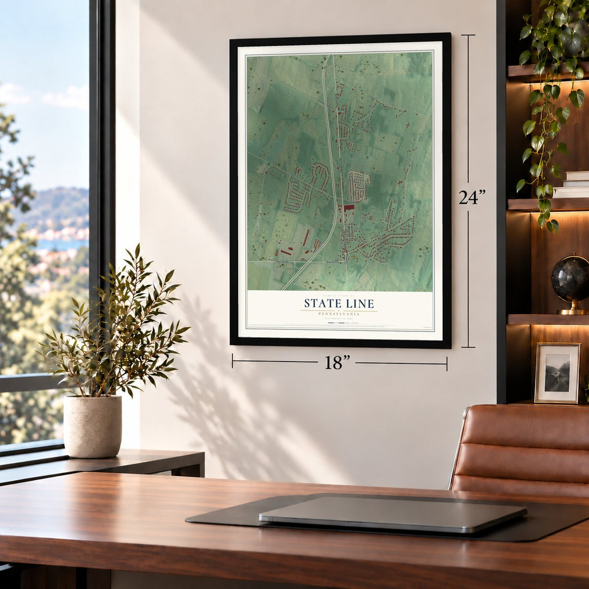 State Line, Pennsylvania map, 18 x 24 inch print in a black frame in a home office