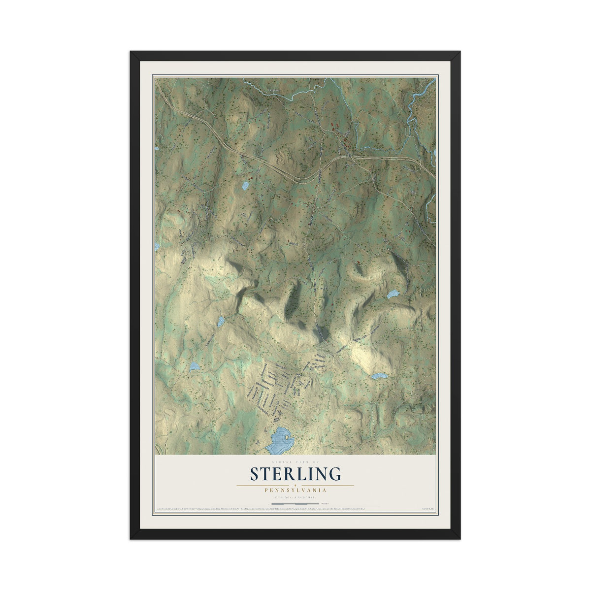 Map of Sterling, Pennsylvania, 12 x 18 inch print in a black wood frame