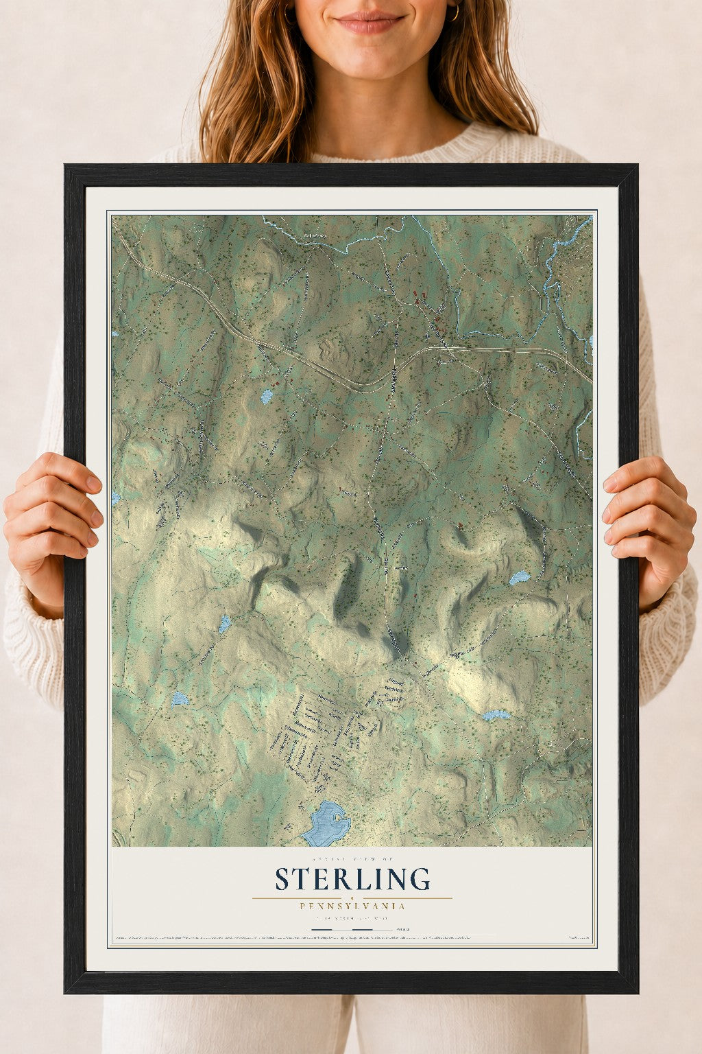 Map of Sterling, Pennsylvania, 18 x 24 inch print in a black wood frame