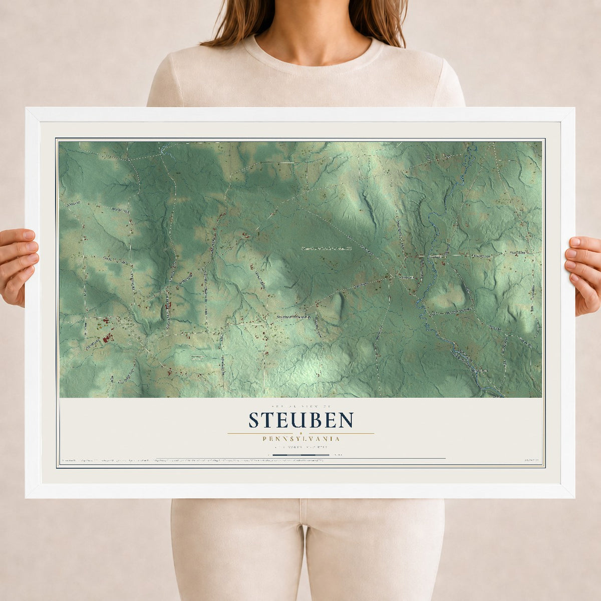 Map of Steuben, Pennsylvania, 18 x 24 inch print in a white wood frame