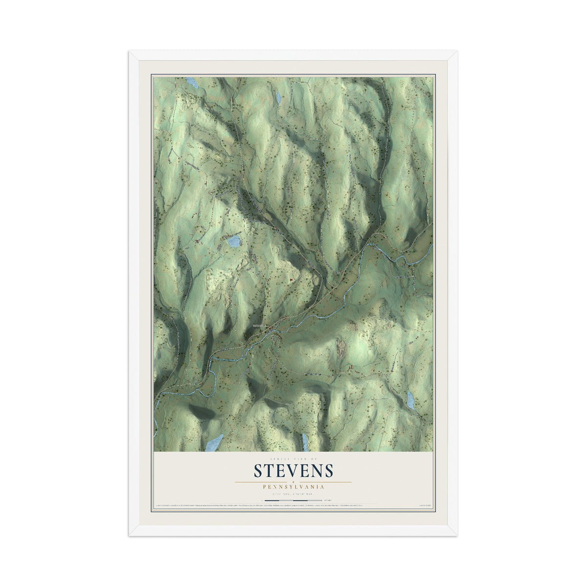 Map of Stevens, Pennsylvania, 12 x 18 inch print in a white wood frame