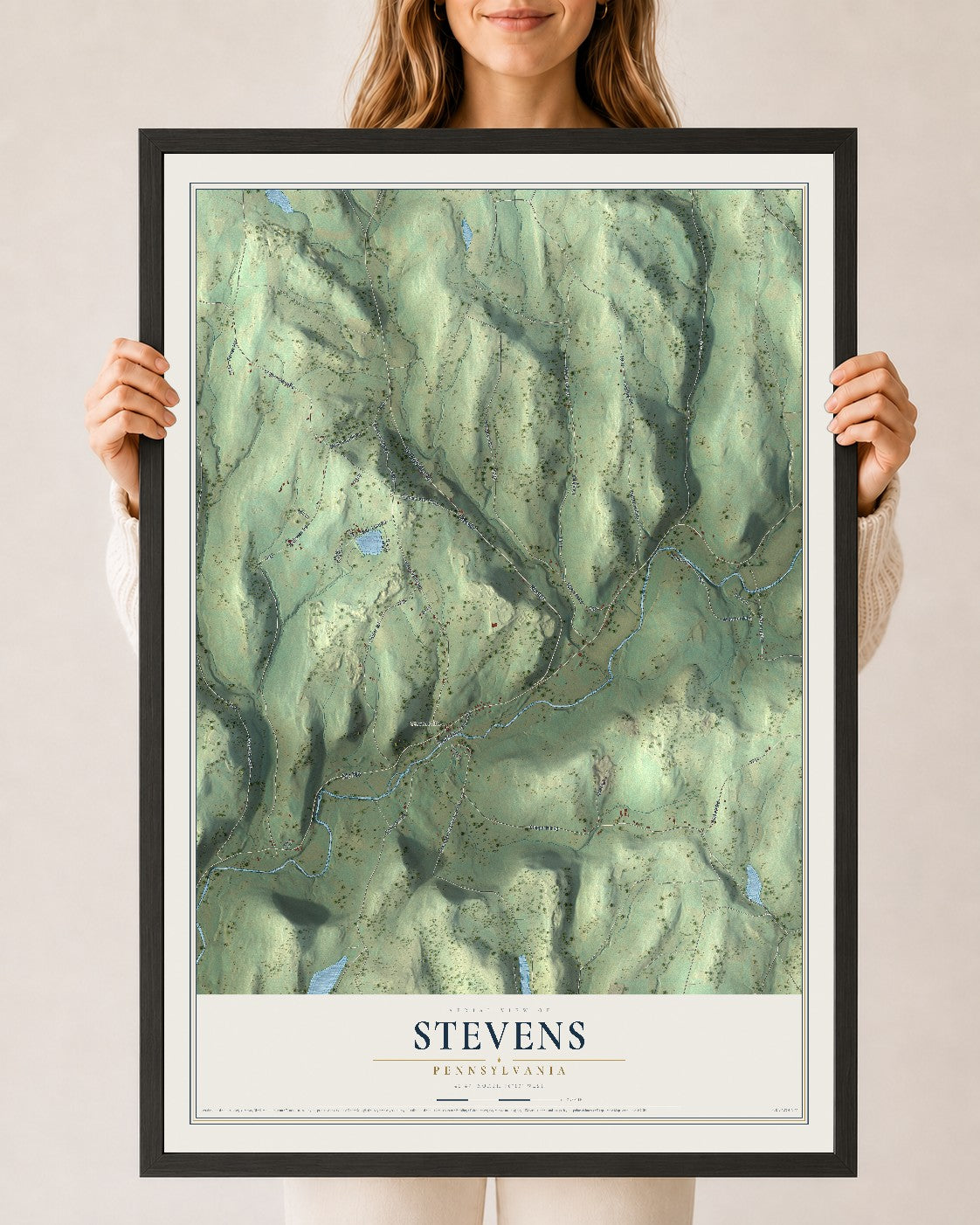 Map of Stevens, Pennsylvania, 24 x 36 inch print in a black wood frame