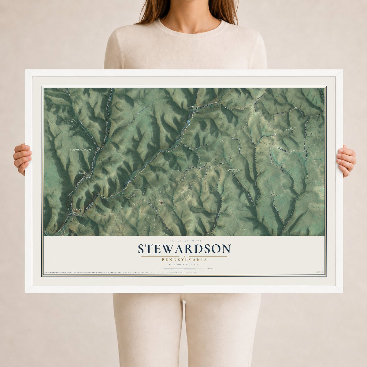 Map of Stewardson, Pennsylvania, 24 x 36 inch print in a white wood frame