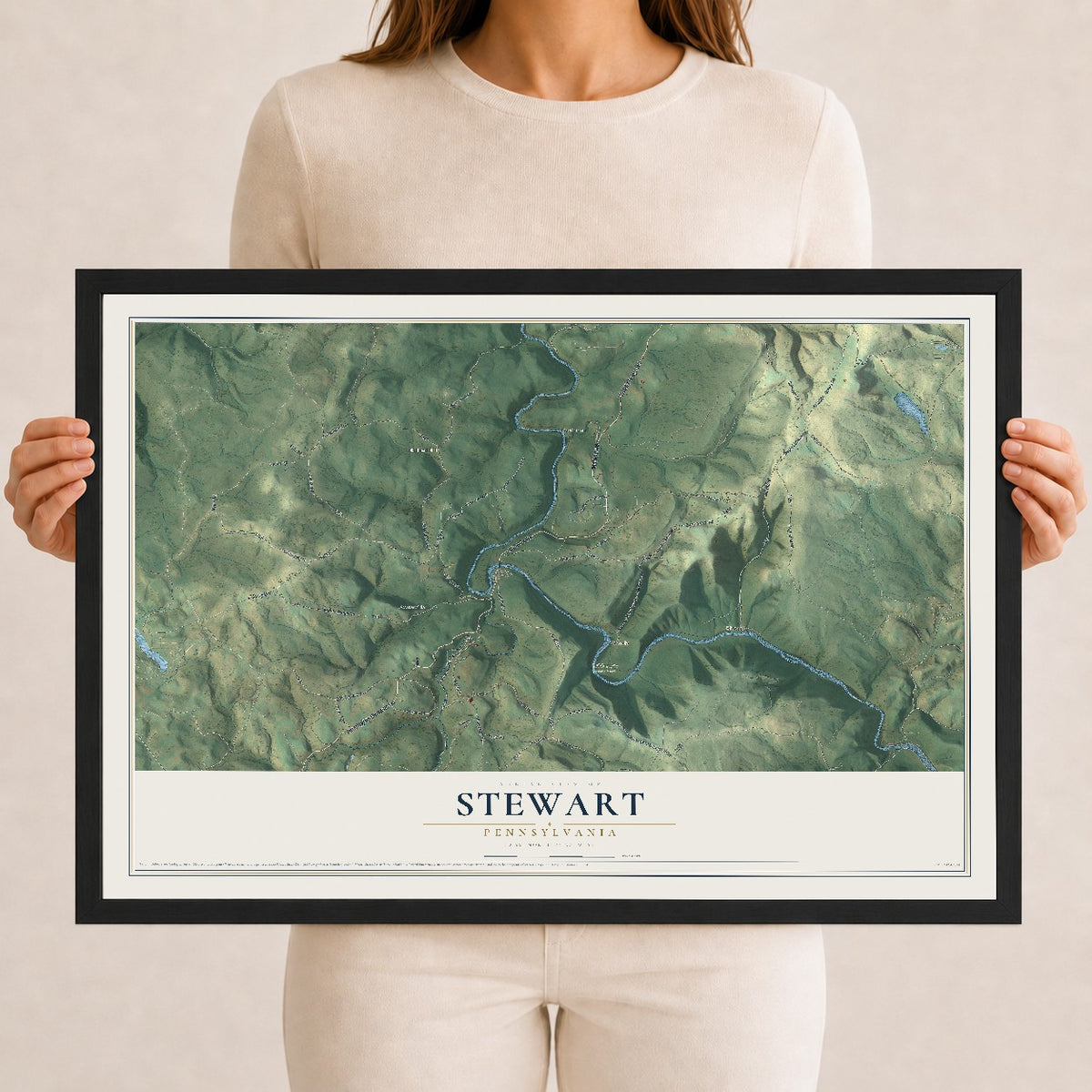 Map of Stewart, Pennsylvania, 12 x 18 inch print in a black wood frame