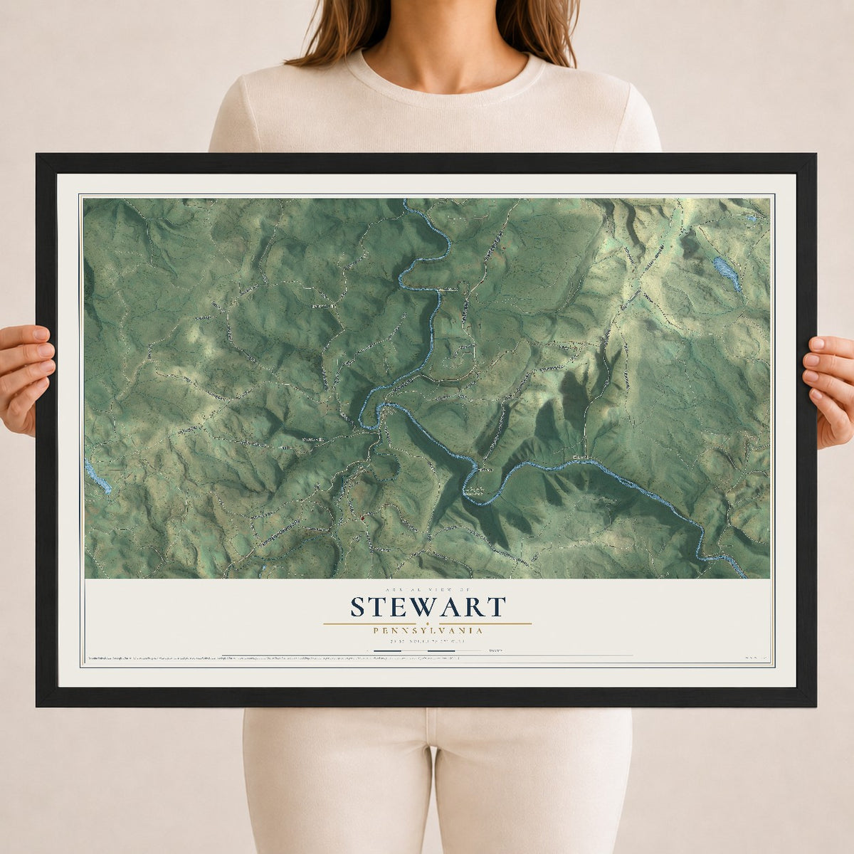 Map of Stewart, Pennsylvania, 18 x 24 inch print in a black wood frame