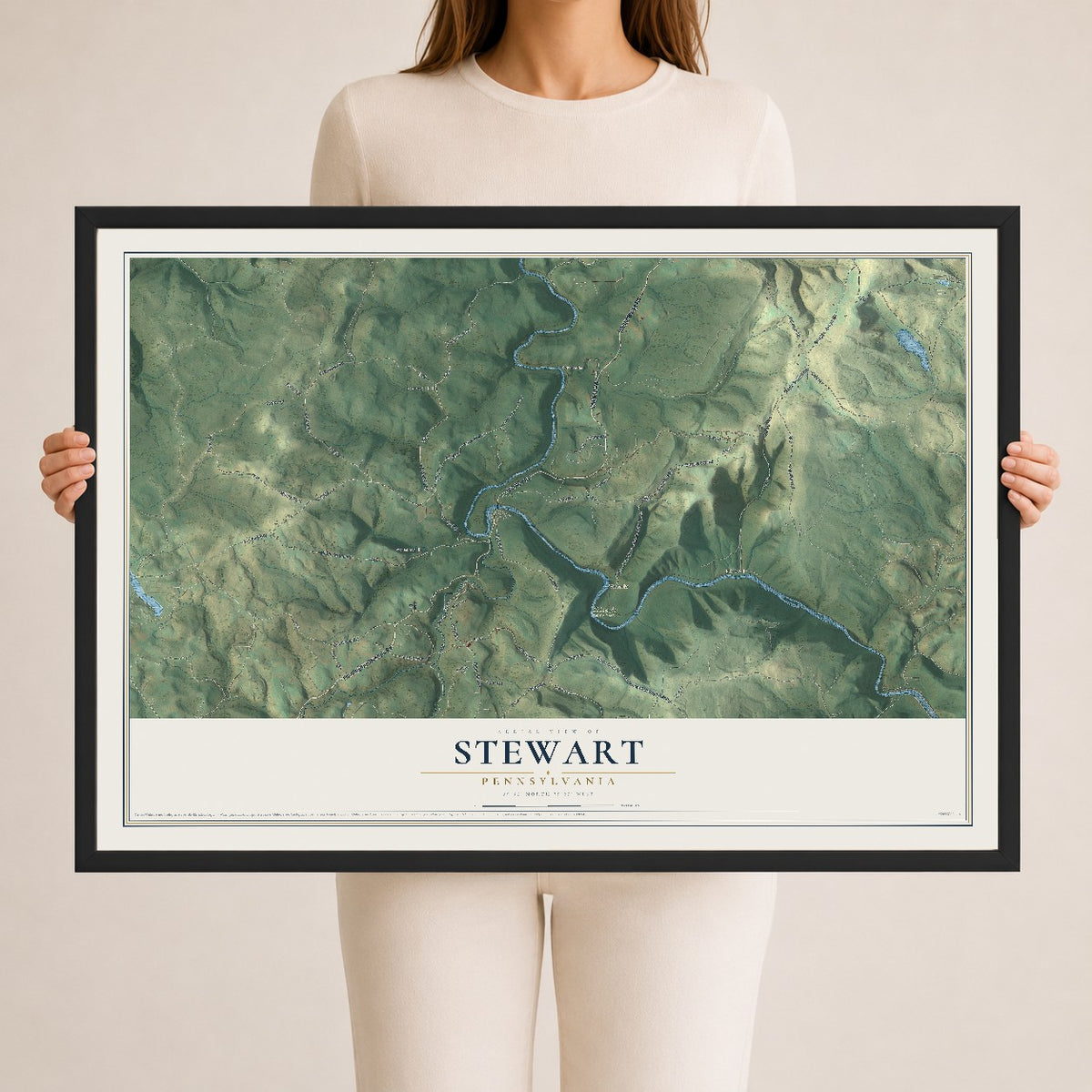 Map of Stewart, Pennsylvania, 24 x 36 inch print in a black wood frame